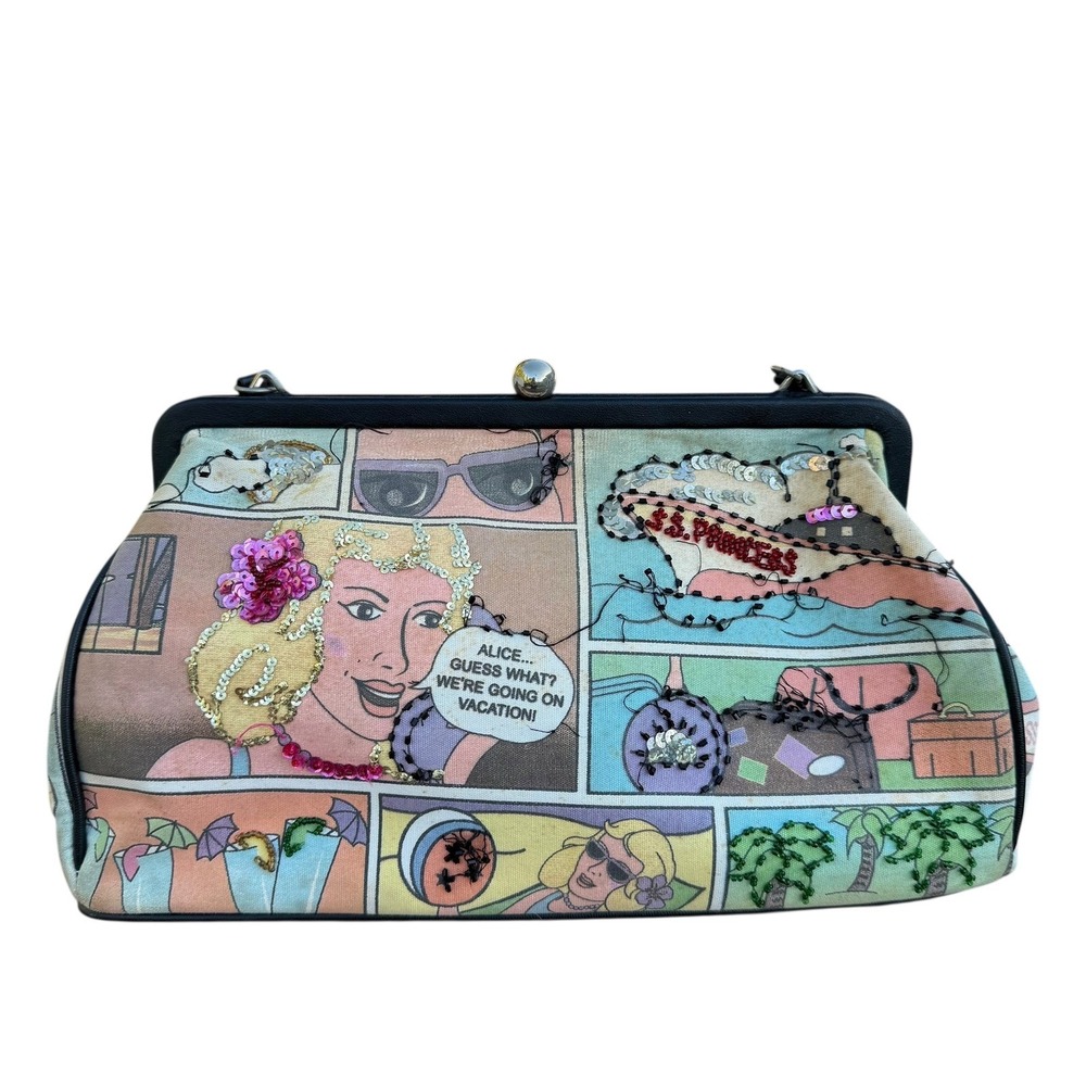 Vintage Womens Comic Book Vacation‎ Scene Clutch Purse with Sequins and Beading